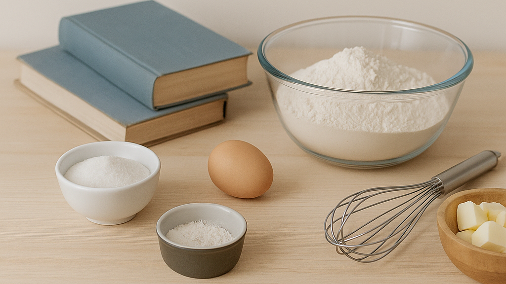 Ingredientes de confeitaria organizados sobre uma mesa de madeira clara, incluindo livros de receitas, farinha, açúcar, ovo, manteiga e batedor de arame, simbolizando o acervo de materiais gratuitos da Biblioteca Josie para confeiteiros.